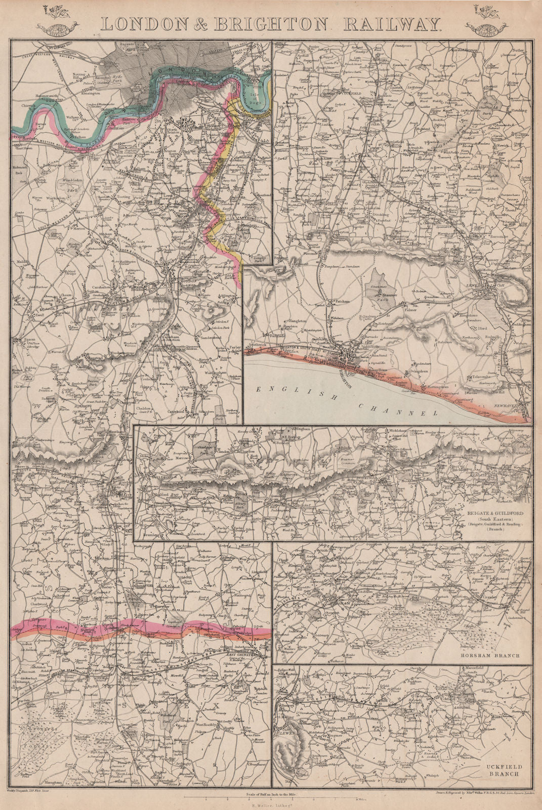 LONDON & BRIGHTON RAILWAY. Reigate Guildford Horsham Uckfield. WELLER 1863 map